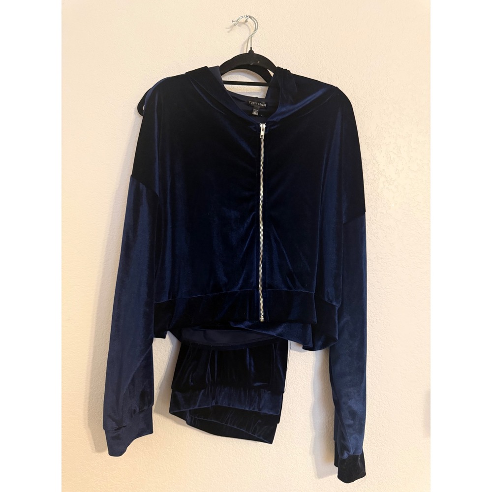 Curvy Sense Womens 4X Navy Blue Velvet Zip Up Hoodie and Wide Leg Pants Set